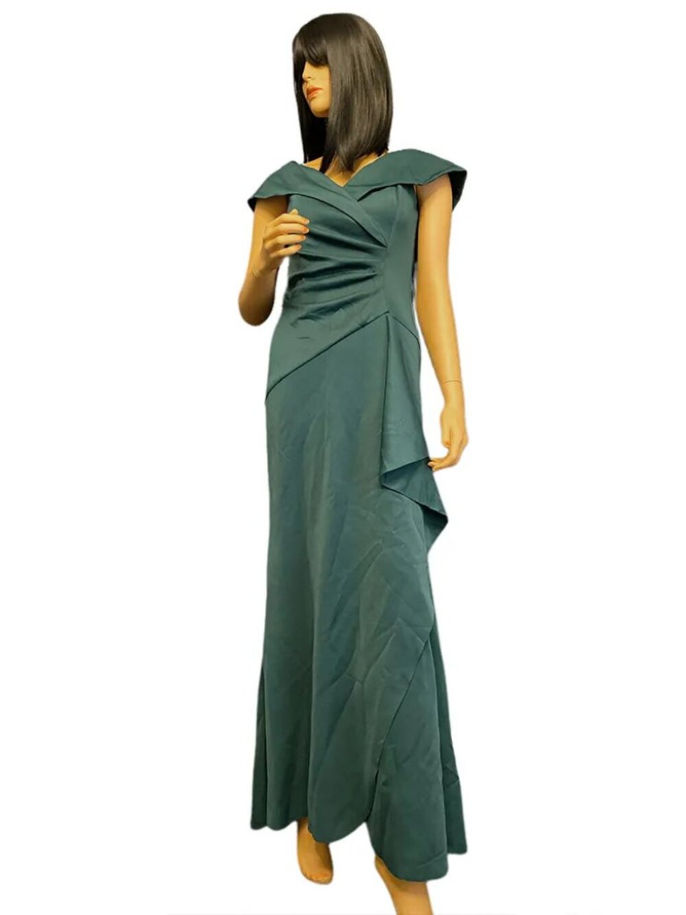 Aqua Off Shoulder Gown Teal Green Portrait Collar Ruched